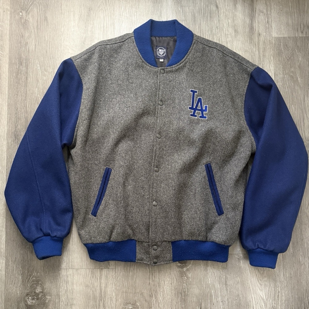 Vintage 90s Los Angeles Dodgers 2XL Dark Grey Wool Varsity Jacket Rare USA Made